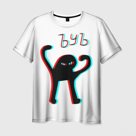 Мужская футболка 3D с принтом ЪУЪ GLITCH. , 100% полиэфир | прямой крой, круглый вырез горловины, длина до линии бедер | cat | mem | memes | интернет приколы | кот | мем | мем кот | ъуъ | ъуъ съука
