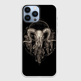 Чехол для iPhone 13 Pro Max с принтом Овен в ловце снов ,  |  | aries | black | charm | cobweb | dream catcher | ethnic | feathers | goat | horns | mystic | national | ram | skeleton | skull | taurus | totem | баран | гороскоп | знак зодиака | козел | ловец снов | мистика | национальный | оберег | овен | паутина | пер