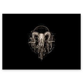 Поздравительная открытка с принтом Овен в ловце снов , 100% бумага | плотность бумаги 280 г/м2, матовая, на обратной стороне линовка и место для марки
 | Тематика изображения на принте: aries | black | charm | cobweb | dream catcher | ethnic | feathers | goat | horns | mystic | national | ram | skeleton | skull | taurus | totem | баран | гороскоп | знак зодиака | козел | ловец снов | мистика | национальный | оберег | овен | паутина | пер