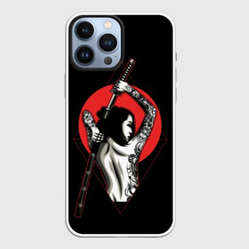 Чехол для iPhone 13 Pro Max с принтом Девушка с мечом ,  |  | beauty | black | brunette | cool | girl | gray | japan | japanese | mafia | red | samurai | sun | sword | tattoo | white | woman | yakuza | young | белый | брюнетка | девушка | женщина | красный | красотка | круто | мафия | меч | молодая | самурайский | с