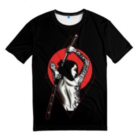 Мужская футболка 3D с принтом Девушка с мечом , 100% полиэфир | прямой крой, круглый вырез горловины, длина до линии бедер | beauty | black | brunette | cool | girl | gray | japan | japanese | mafia | red | samurai | sun | sword | tattoo | white | woman | yakuza | young | белый | брюнетка | девушка | женщина | красный | красотка | круто | мафия | меч | молодая | самурайский | с