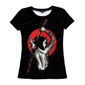 Женская футболка 3D с принтом Девушка с мечом , 100% полиэфир ( синтетическое хлопкоподобное полотно) | прямой крой, круглый вырез горловины, длина до линии бедер | beauty | black | brunette | cool | girl | gray | japan | japanese | mafia | red | samurai | sun | sword | tattoo | white | woman | yakuza | young | белый | брюнетка | девушка | женщина | красный | красотка | круто | мафия | меч | молодая | самурайский | с