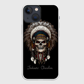 Чехол для iPhone 13 mini с принтом Череп с роучем ,  |  | Тематика изображения на принте: cherokee | culture | ethnic | feathers | indian | national | navajo | roach | skeleton | skull | traditional | индеец | культура | навахо | национальный | перья | роуч | скелет | традиционный | череп | чероки | этнический