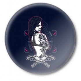 Значок с принтом Девушка с тату ,  металл | круглая форма, металлическая застежка в виде булавки | Тематика изображения на принте: 