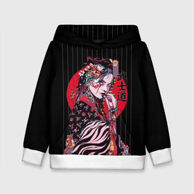 Детская толстовка 3D с принтом Гейша , 100% полиэстер | двухслойный капюшон со шнурком для регулировки, мягкие манжеты на рукавах и по низу толстовки, спереди карман-кенгуру с мягким внутренним слоем | Тематика изображения на принте: beauty | black | bright | character | cool | decorations | flowers | geisha | girl | hairstyle | japan | kimon | lines | red | stripes | woman | young | девушка | женщина | иероглиф | кимоно | красный | красотка | круто | линии | молодая | полосы 