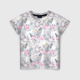 Детская футболка 3D с принтом Фламинго , 100% гипоаллергенный полиэфир | прямой крой, круглый вырез горловины, длина до линии бедер, чуть спущенное плечо, ткань немного тянется | Тематика изображения на принте: abstraction | beak | bird | fauna | feathers | flamingo | flora | flower | happiness | jungle | leaves | nature | pink | tropical | tropics | white | yellow | абстракция | белый | джунгли | желтый | клюв | листья | перья | природа | птица | розовый | счас