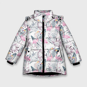 Зимняя куртка для девочек 3D с принтом Фламинго , ткань верха — 100% полиэстер; подклад — 100% полиэстер, утеплитель — 100% полиэстер. | длина ниже бедра, удлиненная спинка, воротник стойка и отстегивающийся капюшон. Есть боковые карманы с листочкой на кнопках, утяжки по низу изделия и внутренний карман на молнии. 

Предусмотрены светоотражающий принт на спинке, радужный светоотражающий элемент на пуллере молнии и на резинке для утяжки. | abstraction | beak | bird | fauna | feathers | flamingo | flora | flower | happiness | jungle | leaves | nature | pink | tropical | tropics | white | yellow | абстракция | белый | джунгли | желтый | клюв | листья | перья | природа | птица | розовый | счас