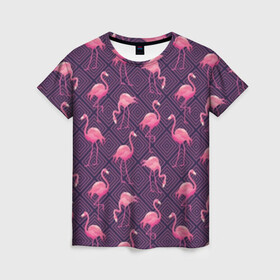 Женская футболка 3D с принтом Фламинго , 100% полиэфир ( синтетическое хлопкоподобное полотно) | прямой крой, круглый вырез горловины, длина до линии бедер | Тематика изображения на принте: abstraction | beak | bird | fauna | feathers | flamingo | flora | geometry | happiness | nature | pink | purple | tropical | tropics | абстракция | геометрия | клюв | перья | природа | птица | розовый | счастье | тропики | тропический | фауна | фиолетовый