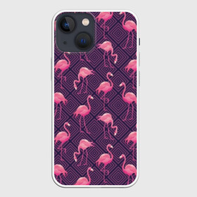 Чехол для iPhone 13 mini с принтом Фламинго ,  |  | abstraction | beak | bird | fauna | feathers | flamingo | flora | geometry | happiness | nature | pink | purple | tropical | tropics | абстракция | геометрия | клюв | перья | природа | птица | розовый | счастье | тропики | тропический | фауна | фиолетовый