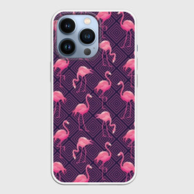 Чехол для iPhone 13 Pro с принтом Фламинго ,  |  | Тематика изображения на принте: abstraction | beak | bird | fauna | feathers | flamingo | flora | geometry | happiness | nature | pink | purple | tropical | tropics | абстракция | геометрия | клюв | перья | природа | птица | розовый | счастье | тропики | тропический | фауна | фиолетовый