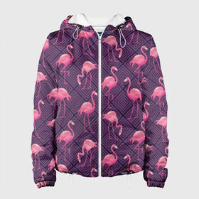 Женская куртка 3D с принтом Фламинго , ткань верха — 100% полиэстер, подклад — флис | прямой крой, подол и капюшон оформлены резинкой с фиксаторами, два кармана без застежек по бокам, один большой потайной карман на груди. Карман на груди застегивается на липучку | abstraction | beak | bird | fauna | feathers | flamingo | flora | geometry | happiness | nature | pink | purple | tropical | tropics | абстракция | геометрия | клюв | перья | природа | птица | розовый | счастье | тропики | тропический | фауна | фиолетовый