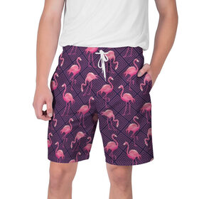 Мужские шорты 3D с принтом Фламинго ,  полиэстер 100% | прямой крой, два кармана без застежек по бокам. Мягкая трикотажная резинка на поясе, внутри которой широкие завязки. Длина чуть выше колен | Тематика изображения на принте: abstraction | beak | bird | fauna | feathers | flamingo | flora | geometry | happiness | nature | pink | purple | tropical | tropics | абстракция | геометрия | клюв | перья | природа | птица | розовый | счастье | тропики | тропический | фауна | фиолетовый