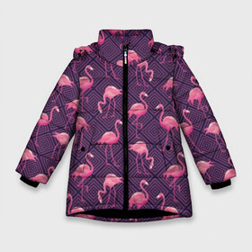 Зимняя куртка для девочек 3D с принтом Фламинго , ткань верха — 100% полиэстер; подклад — 100% полиэстер, утеплитель — 100% полиэстер. | длина ниже бедра, удлиненная спинка, воротник стойка и отстегивающийся капюшон. Есть боковые карманы с листочкой на кнопках, утяжки по низу изделия и внутренний карман на молнии. 

Предусмотрены светоотражающий принт на спинке, радужный светоотражающий элемент на пуллере молнии и на резинке для утяжки. | Тематика изображения на принте: abstraction | beak | bird | fauna | feathers | flamingo | flora | geometry | happiness | nature | pink | purple | tropical | tropics | абстракция | геометрия | клюв | перья | природа | птица | розовый | счастье | тропики | тропический | фауна | фиолетовый