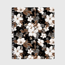 Тетрадь с принтом Белые цветы , 100% бумага | 48 листов, плотность листов — 60 г/м2, плотность картонной обложки — 250 г/м2. Листы скреплены сбоку удобной пружинной спиралью. Уголки страниц и обложки скругленные. Цвет линий — светло-серый
 | black | bud | cute | flora | flowers | golden | leaves | plant | romance | spring | tenderness | white | yellow | белый | бутон | весна | желтый | золотой | листья | мило | нежность | растение | романтика | флора | цветы | черный