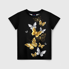 Детская футболка 3D с принтом Золотые бабочки , 100% гипоаллергенный полиэфир | прямой крой, круглый вырез горловины, длина до линии бедер, чуть спущенное плечо, ткань немного тянется | airy | black | butterfly | cool | cute | flight | flit | gold | insect | magical | white | wings | yellow | бабочка | белый | воздушный | волшебный | желтый | золото | крылья | милый | насекомое | полёт | порхать | прикольный | черный