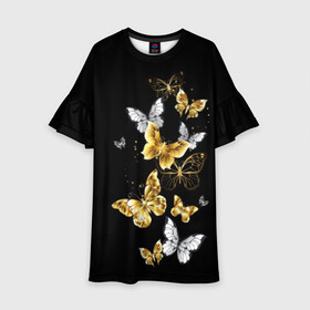 Детское платье 3D с принтом Золотые бабочки , 100% полиэстер | прямой силуэт, чуть расширенный к низу. Круглая горловина, на рукавах — воланы | airy | black | butterfly | cool | cute | flight | flit | gold | insect | magical | white | wings | yellow | бабочка | белый | воздушный | волшебный | желтый | золото | крылья | милый | насекомое | полёт | порхать | прикольный | черный