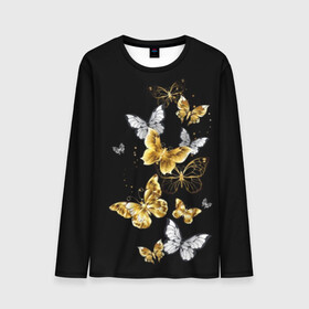Мужской лонгслив 3D с принтом Золотые бабочки , 100% полиэстер | длинные рукава, круглый вырез горловины, полуприлегающий силуэт | Тематика изображения на принте: airy | black | butterfly | cool | cute | flight | flit | gold | insect | magical | white | wings | yellow | бабочка | белый | воздушный | волшебный | желтый | золото | крылья | милый | насекомое | полёт | порхать | прикольный | черный