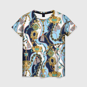 Женская футболка 3D с принтом Барокко , 100% полиэфир ( синтетическое хлопкоподобное полотно) | прямой крой, круглый вырез горловины, длина до линии бедер | baroque | blue | chain | decoration | fringe | gold | ribbon | style | vintage | white | барокко | бахрома | белый | винтаж | золото | кисточка | лента | синий | стиль | украшения | цепочка