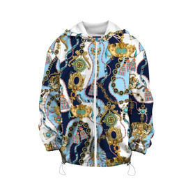 Детская куртка 3D с принтом Барокко , 100% полиэстер | застежка — молния, подол и капюшон оформлены резинкой с фиксаторами, по бокам — два кармана без застежек, один потайной карман на груди, плотность верхнего слоя — 90 г/м2; плотность флисового подклада — 260 г/м2 | Тематика изображения на принте: baroque | blue | chain | decoration | fringe | gold | ribbon | style | vintage | white | барокко | бахрома | белый | винтаж | золото | кисточка | лента | синий | стиль | украшения | цепочка