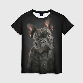 Женская футболка 3D с принтом Французский бульдог , 100% полиэфир ( синтетическое хлопкоподобное полотно) | прямой крой, круглый вырез горловины, длина до линии бедер | Тематика изображения на принте: animal | background | beast | black | breed | bulldog | cool | cute | dog | ears | french | jaw | look | muzzle | portrait | wool | бульдог | взгляд | животное | зверь | милый | пёс | порода | портрет | прикольно | псина | собака | уши | фон | фра