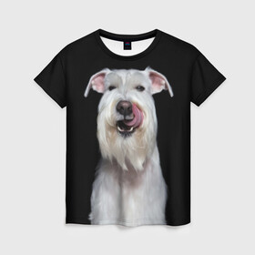 Женская футболка 3D с принтом Белый шнауцер , 100% полиэфир ( синтетическое хлопкоподобное полотно) | прямой крой, круглый вырез горловины, длина до линии бедер | animal | background | beast | black | breed | cool | cute | dog | ears | fangs | jaw | look | muzzle | portrait | tongue | white | wool | белый | взгляд | животное | зверь | клыки | милый | пёс | порода | портрет | прикольно | псина | собака | уши