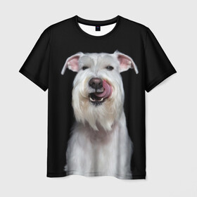 Мужская футболка 3D с принтом Белый шнауцер , 100% полиэфир | прямой крой, круглый вырез горловины, длина до линии бедер | animal | background | beast | black | breed | cool | cute | dog | ears | fangs | jaw | look | muzzle | portrait | tongue | white | wool | белый | взгляд | животное | зверь | клыки | милый | пёс | порода | портрет | прикольно | псина | собака | уши