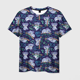 Мужская футболка 3D с принтом Фиолетовые коалы , 100% полиэфир | прямой крой, круглый вырез горловины, длина до линии бедер | animal | australia | baby | bear | blue | color | cute | exotic | green | illustration | koala | pattern | purple | vector | young | австралия | вектор | ветка | детеныш | животное | зеленый | иллюстрация | коала | листья | малыш | медведь | мил