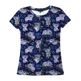 Женская футболка 3D с принтом Фиолетовые коалы , 100% полиэфир ( синтетическое хлопкоподобное полотно) | прямой крой, круглый вырез горловины, длина до линии бедер | animal | australia | baby | bear | blue | color | cute | exotic | green | illustration | koala | pattern | purple | vector | young | австралия | вектор | ветка | детеныш | животное | зеленый | иллюстрация | коала | листья | малыш | медведь | мил