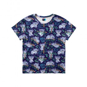 Детская футболка 3D с принтом Фиолетовые коалы , 100% гипоаллергенный полиэфир | прямой крой, круглый вырез горловины, длина до линии бедер, чуть спущенное плечо, ткань немного тянется | animal | australia | baby | bear | blue | color | cute | exotic | green | illustration | koala | pattern | purple | vector | young | австралия | вектор | ветка | детеныш | животное | зеленый | иллюстрация | коала | листья | малыш | медведь | мил
