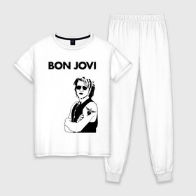 Женская пижама хлопок с принтом Bon Jovi , 100% хлопок | брюки и футболка прямого кроя, без карманов, на брюках мягкая резинка на поясе и по низу штанин | bon jovi | альбом | арена | бон | бон джови | глэм | группа | джови | джон | метал | музыка | надпись | песни | поп | попрок | рок | рокер | смайл | солист | софт | стена | хард | хеви | хевиметал