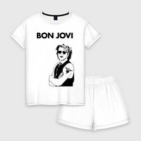 Женская пижама с шортиками хлопок с принтом Bon Jovi , 100% хлопок | футболка прямого кроя, шорты свободные с широкой мягкой резинкой | bon jovi | альбом | арена | бон | бон джови | глэм | группа | джови | джон | метал | музыка | надпись | песни | поп | попрок | рок | рокер | смайл | солист | софт | стена | хард | хеви | хевиметал