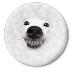 Значок с принтом Собака - улыбака ,  металл | круглая форма, металлическая застежка в виде булавки | животные | зубы | мордочка | пес | прикол | смешная | собака | улыбака | улыбка | щенок | юмор
