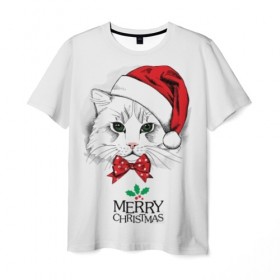 Мужская футболка 3D с принтом Рождественский котик , 100% полиэфир | прямой крой, круглый вырез горловины, длина до линии бедер | 