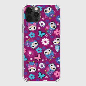 Чехол для iPhone 12 Pro Max с принтом Милые совы , Силикон |  | бабочка | белый | лиловый | мило | пернатые | прикольно | птица | розовый | синий | сова | совушка | цветок