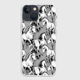 Чехол для iPhone 13 mini с принтом Белые лошади ,  |  | animal | black | cool | gray | hooves | horse | illustration | mane | mustang | muzzle | running | speed | tail | white | бег | белый | грива | животное | иллюстрация | копыта | лошадь | мустанг | прикольно | серый | скорость | хвост | черный