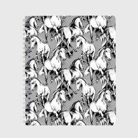 Тетрадь с принтом Белые лошади , 100% бумага | 48 листов, плотность листов — 60 г/м2, плотность картонной обложки — 250 г/м2. Листы скреплены сбоку удобной пружинной спиралью. Уголки страниц и обложки скругленные. Цвет линий — светло-серый
 | Тематика изображения на принте: animal | black | cool | gray | hooves | horse | illustration | mane | mustang | muzzle | running | speed | tail | white | бег | белый | грива | животное | иллюстрация | копыта | лошадь | мустанг | прикольно | серый | скорость | хвост | черный