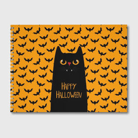 Альбом для рисования с принтом Happy Halloween , 100% бумага
 | матовая бумага, плотность 200 мг. | autumn | bat | black | cat | eyes | fangs | halloween | holiday | horror | horrors | mouse | yellow | глаза | желтый | жуть | клыки | кот | летучая | мышь | осень | праздник | ужасы | хэллоуин | черный