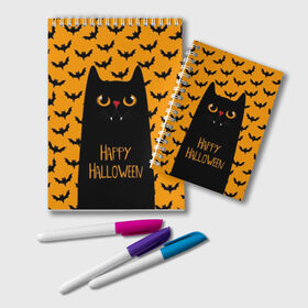 Блокнот с принтом Happy Halloween , 100% бумага | 48 листов, плотность листов — 60 г/м2, плотность картонной обложки — 250 г/м2. Листы скреплены удобной пружинной спиралью. Цвет линий — светло-серый
 | Тематика изображения на принте: autumn | bat | black | cat | eyes | fangs | halloween | holiday | horror | horrors | mouse | yellow | глаза | желтый | жуть | клыки | кот | летучая | мышь | осень | праздник | ужасы | хэллоуин | черный