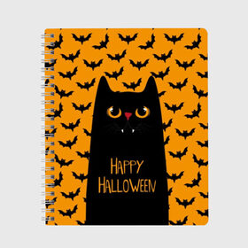 Тетрадь с принтом Happy Halloween , 100% бумага | 48 листов, плотность листов — 60 г/м2, плотность картонной обложки — 250 г/м2. Листы скреплены сбоку удобной пружинной спиралью. Уголки страниц и обложки скругленные. Цвет линий — светло-серый
 | Тематика изображения на принте: autumn | bat | black | cat | eyes | fangs | halloween | holiday | horror | horrors | mouse | yellow | глаза | желтый | жуть | клыки | кот | летучая | мышь | осень | праздник | ужасы | хэллоуин | черный