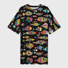 Платье-футболка 3D с принтом Разноцветные рыбы ,  |  | abstraction | art | bright | colorful | cool | fin | fish | funny | tail | water | абстракция | арт | вода | плавник | прикольно | разноцветный | рыба | смешно | хвост | яркий
