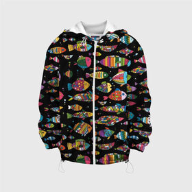 Детская куртка 3D с принтом Разноцветные рыбы , 100% полиэстер | застежка — молния, подол и капюшон оформлены резинкой с фиксаторами, по бокам — два кармана без застежек, один потайной карман на груди, плотность верхнего слоя — 90 г/м2; плотность флисового подклада — 260 г/м2 | Тематика изображения на принте: abstraction | art | bright | colorful | cool | fin | fish | funny | tail | water | абстракция | арт | вода | плавник | прикольно | разноцветный | рыба | смешно | хвост | яркий