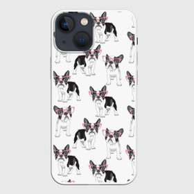 Чехол для iPhone 13 mini с принтом Французские бульдоги в очках ,  |  | black | breed | cool | cute | dog | french bulldog | pink | puppy | white | белый | мило | очки | пёс | порода | прикольный | псина | розовый | собака | французский бульдог | черный | щенок