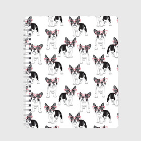 Тетрадь с принтом Французские бульдоги в очках , 100% бумага | 48 листов, плотность листов — 60 г/м2, плотность картонной обложки — 250 г/м2. Листы скреплены сбоку удобной пружинной спиралью. Уголки страниц и обложки скругленные. Цвет линий — светло-серый
 | Тематика изображения на принте: black | breed | cool | cute | dog | french bulldog | pink | puppy | white | белый | мило | очки | пёс | порода | прикольный | псина | розовый | собака | французский бульдог | черный | щенок