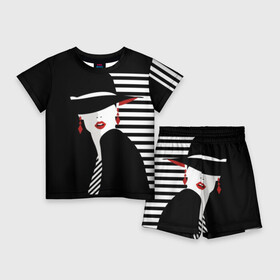 Детский костюм с шортами 3D с принтом Fashion ,  |  | abstraction | black | clothes | ear | face | fashion | girl | gray | hat | makeup | motto | red | slogan | stripes | style | tie | white | woman | young | абстракция | белый | галстук | девиз | девушка | женщина | красный | лицо | макияж | мода | молодая 