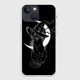 Чехол для iPhone 13 mini с принтом Кошка колдунья ,  |  | black | cat | cl | crescent | fangs | halloween | hat | holiday | hunter | kitty | magic | month | moon | mystic | night | predator | white | witch | белый | ведьма | киса | клыки | когти | колдовство | кот | котэ | кошка | луна | магия | месяц | мистика 