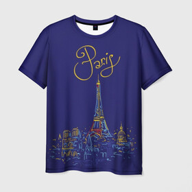 Мужская футболка 3D с принтом Париж , 100% полиэфир | прямой крой, круглый вырез горловины, длина до линии бедер | blue | drawing | eiffel tower | france | paris | romance | yellow | желтый | париж | рисунок | романтика | синий | франция | эйфелева башня