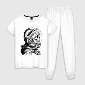 Женская пижама хлопок с принтом Скелет астронавт , 100% хлопок | брюки и футболка прямого кроя, без карманов, на брюках мягкая резинка на поясе и по низу штанин | арт | астронавт | космос | линии | скафандр | скелет | скетч | черно белый
