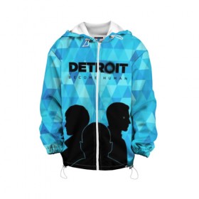 Детская куртка 3D с принтом Detroit: Become Human. , 100% полиэстер | застежка — молния, подол и капюшон оформлены резинкой с фиксаторами, по бокам — два кармана без застежек, один потайной карман на груди, плотность верхнего слоя — 90 г/м2; плотность флисового подклада — 260 г/м2 | become human | connor | dbh | dbhpk19 | detroit | detroit city | абстракция | анимация | геометрия | детройт | игра | коннор | надпись | силуэт | стать человеком | текстура | треугольник | треугольники