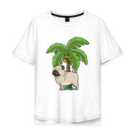 Мужская футболка хлопок Oversize с принтом Мопс под пальмой , 100% хлопок | свободный крой, круглый ворот, “спинка” длиннее передней части | 
