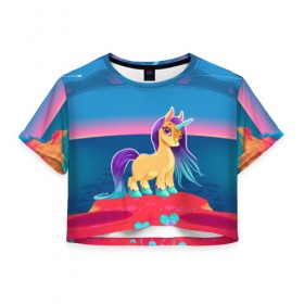 Женская футболка Cropp-top с принтом Милый единорог , 100% полиэстер | круглая горловина, длина футболки до линии талии, рукава с отворотами | pony | грива | девочка | единорог | конь | копыта | красивая | лошадка | лошадь | милая | пони | природа закат | радуга